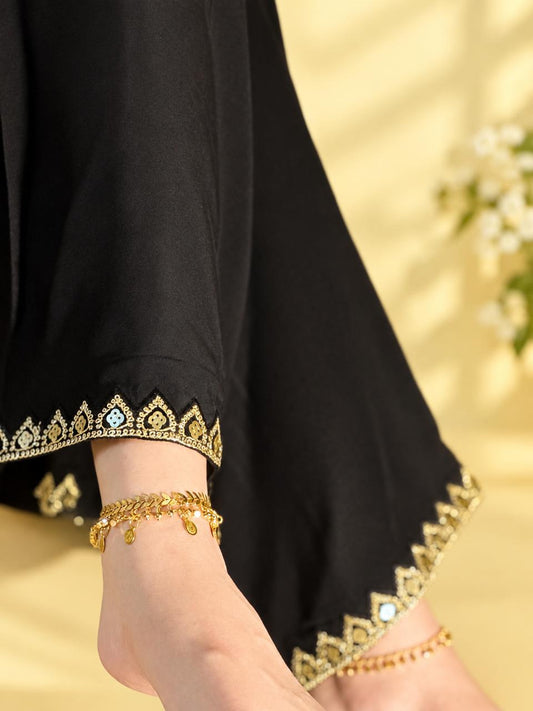 Fantasy Silk Trouser - hem detail with golden machine embroidered lace