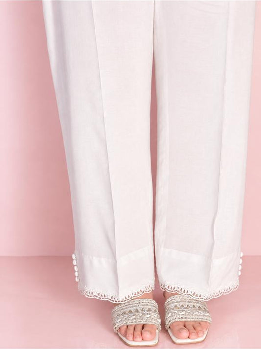 Arabic Lawn Trouser - front hem view showing scalloped lace edge