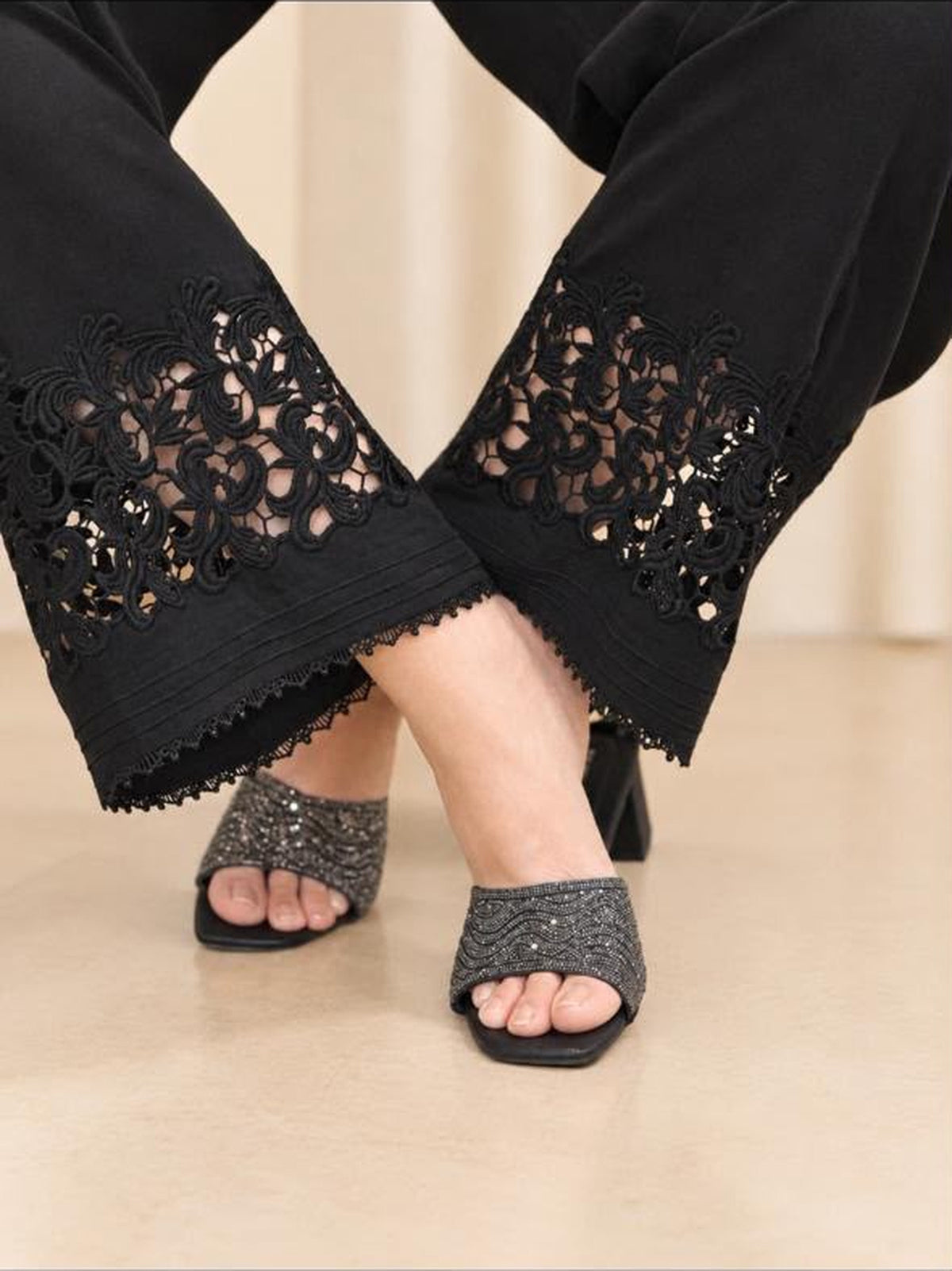 Black Knight Silk Trouser - ankle detail with machine-embroidered lace hem