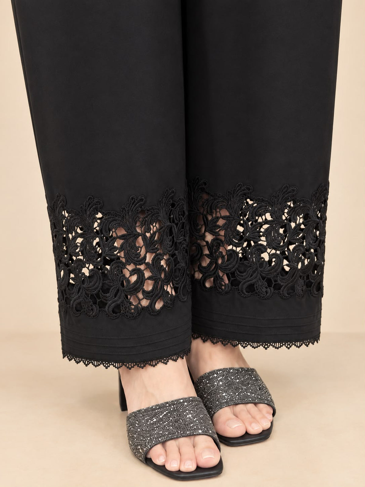 Black Knight Silk Trouser - full hem view with lace embroidery