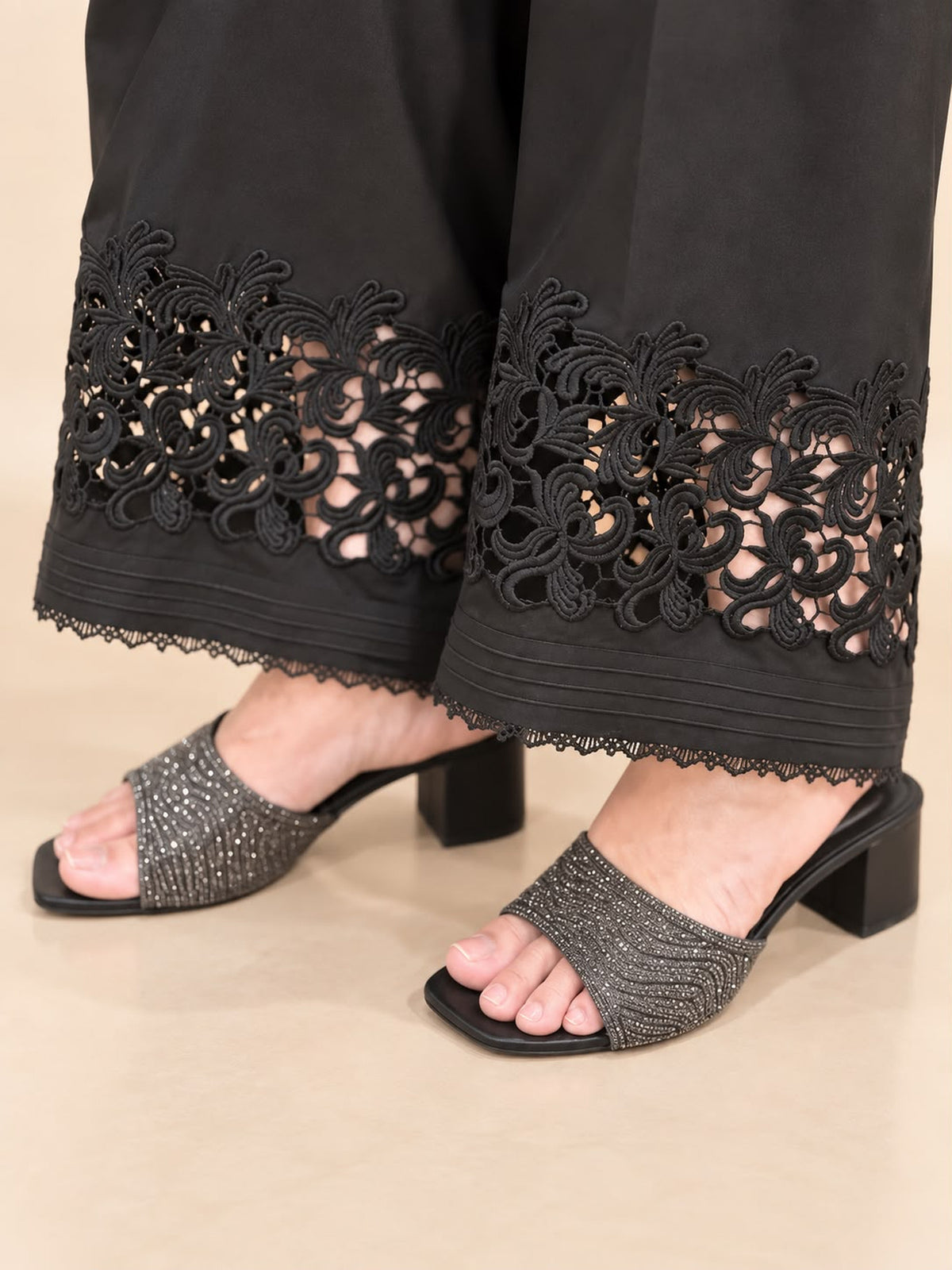 Black Knight Silk Trouser - close detail of lace hem