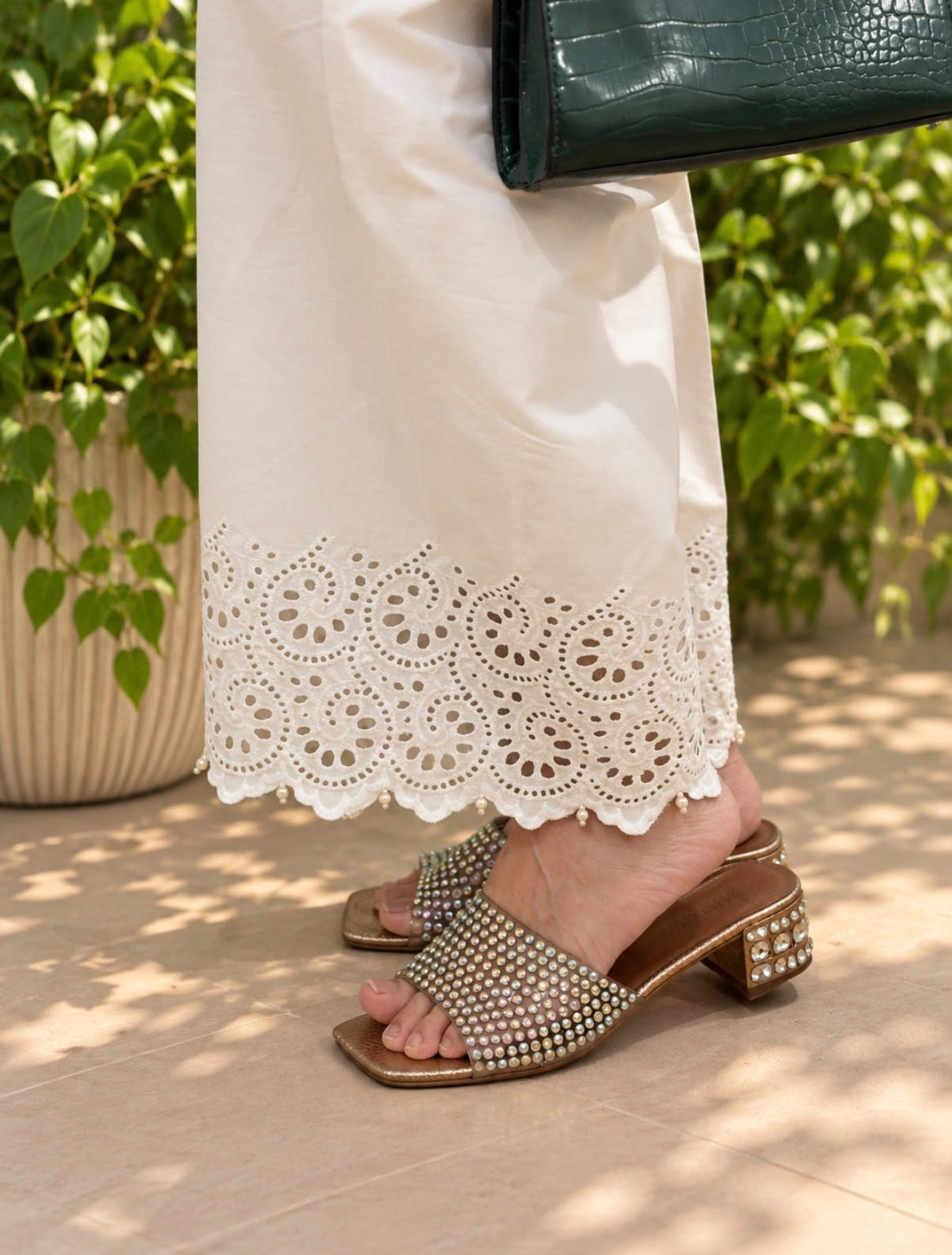 SPRINGS Cinderella off-white cotton trouser, full length lace hem view