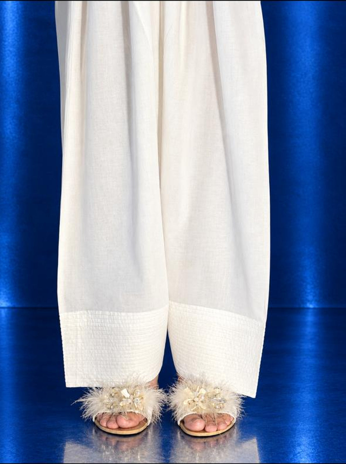 Farshi Lawn Shalwar - full length front view showing wide farshi leg