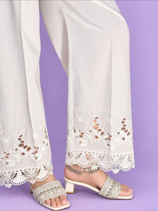 Flora Cotton Trouser in ivory cotton lawn - full wide straight leg