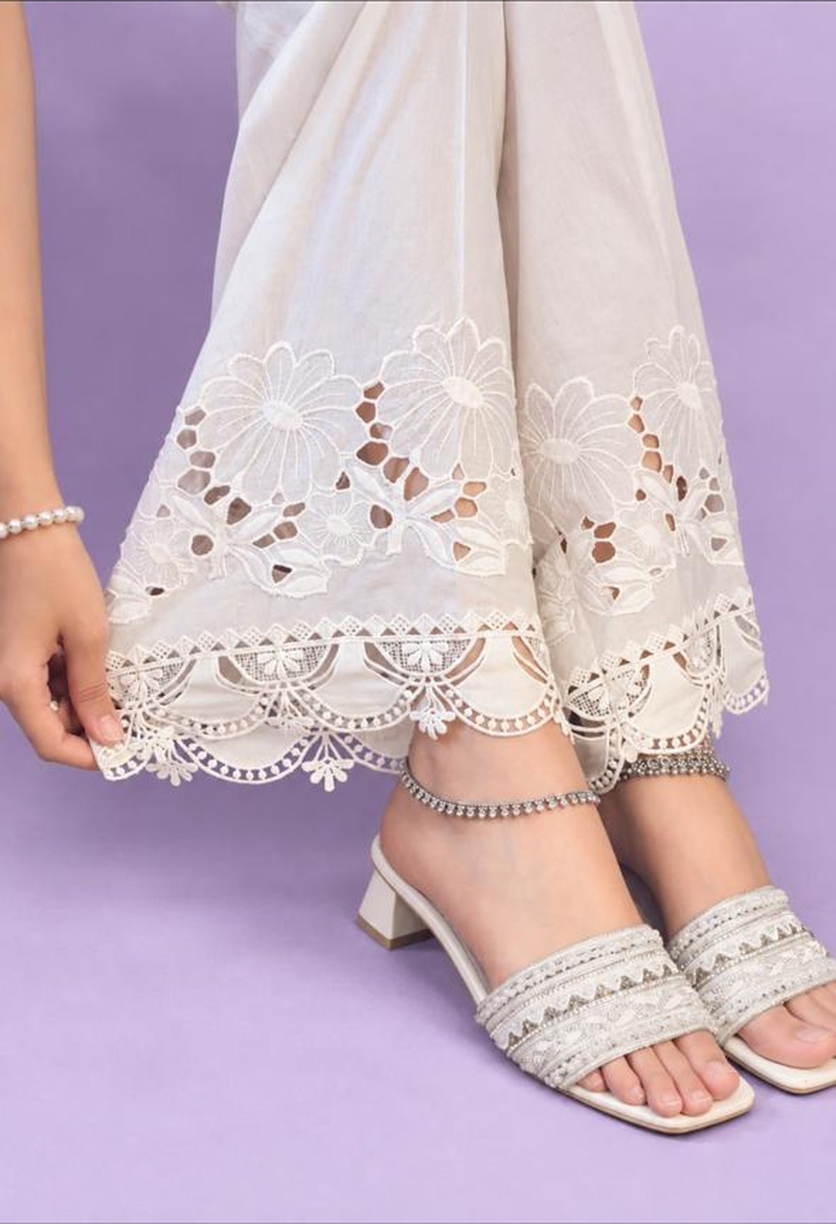 Flora Cotton Trouser - close detail of the embroidered hem