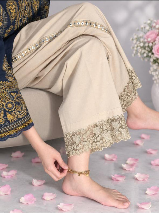 Hazel Lawn Trouser - seated view showing mirror-work side trim and lace hem