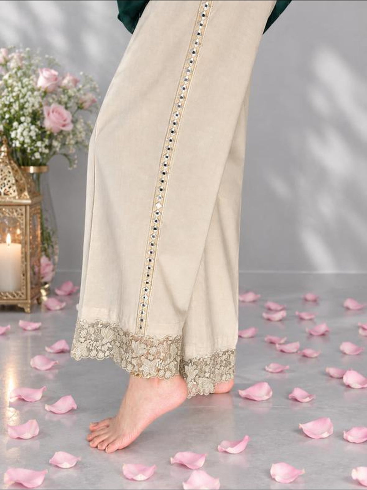 Hazel Lawn Trouser - side view showing full mirror-work trim and lace hem