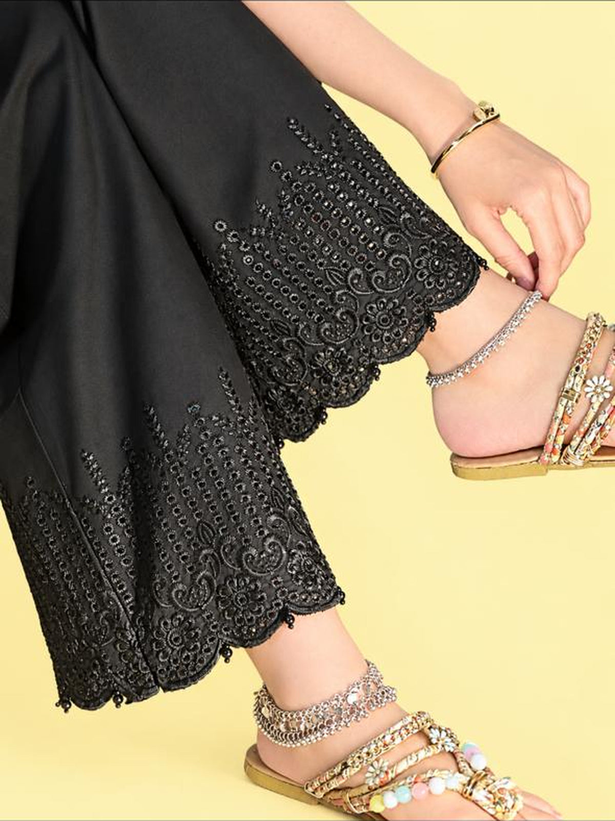 Night Fall Cotton Trouser - detail of scalloped machine embroidered hem