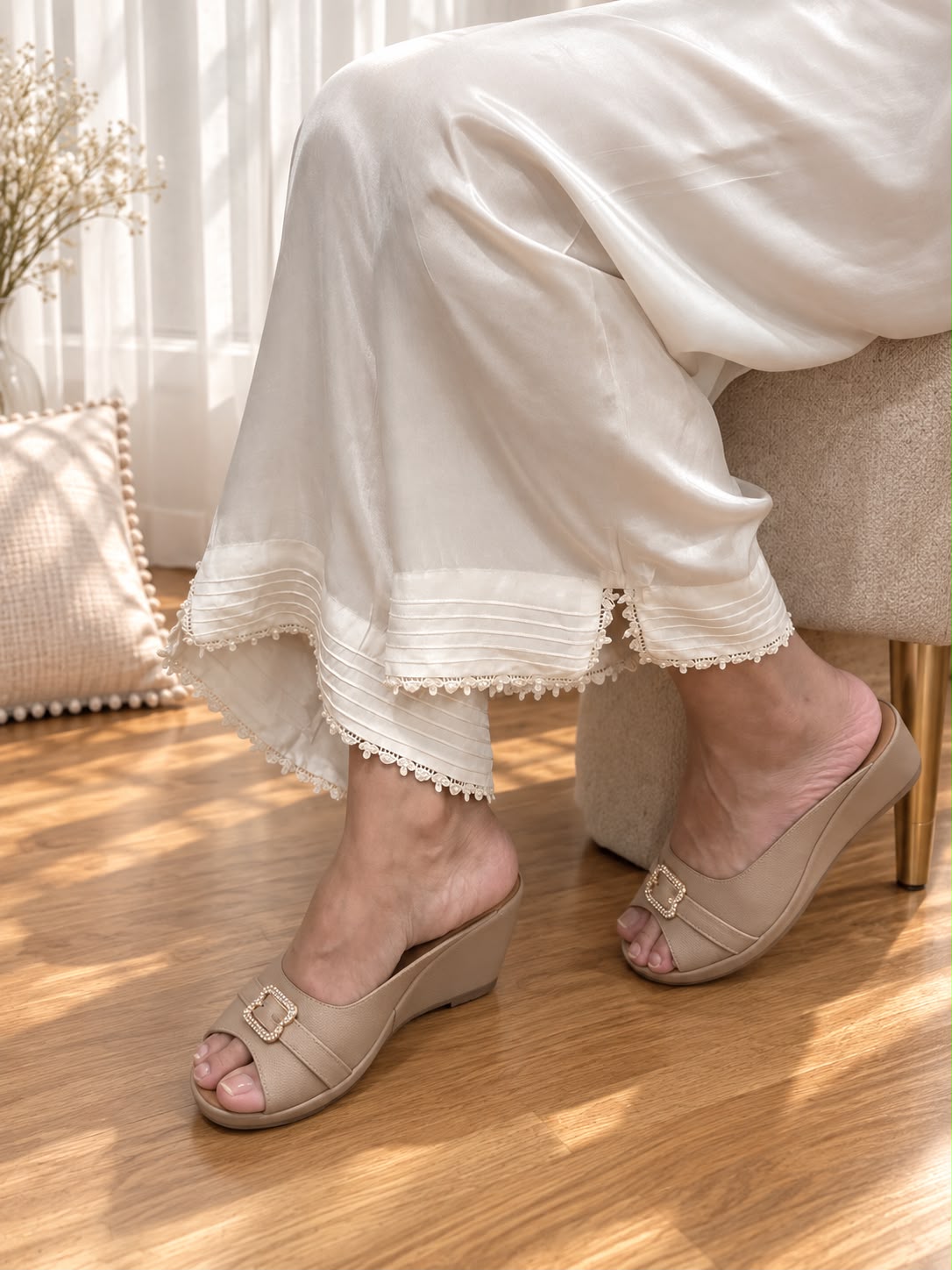 SPRINGS Silky Notes Silk Trouser — off-white silk, pintuck pleated hem with lace trim, seated view