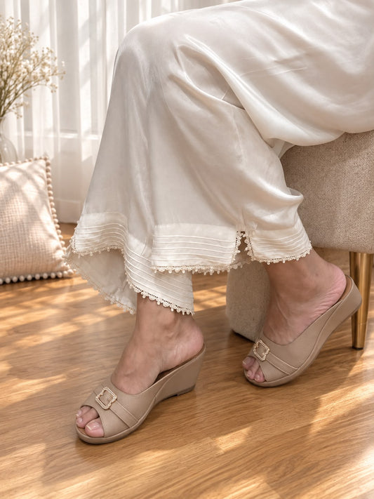 SPRINGS Silky Notes Silk Trouser — off-white silk, pintuck pleated hem with lace trim, seated view