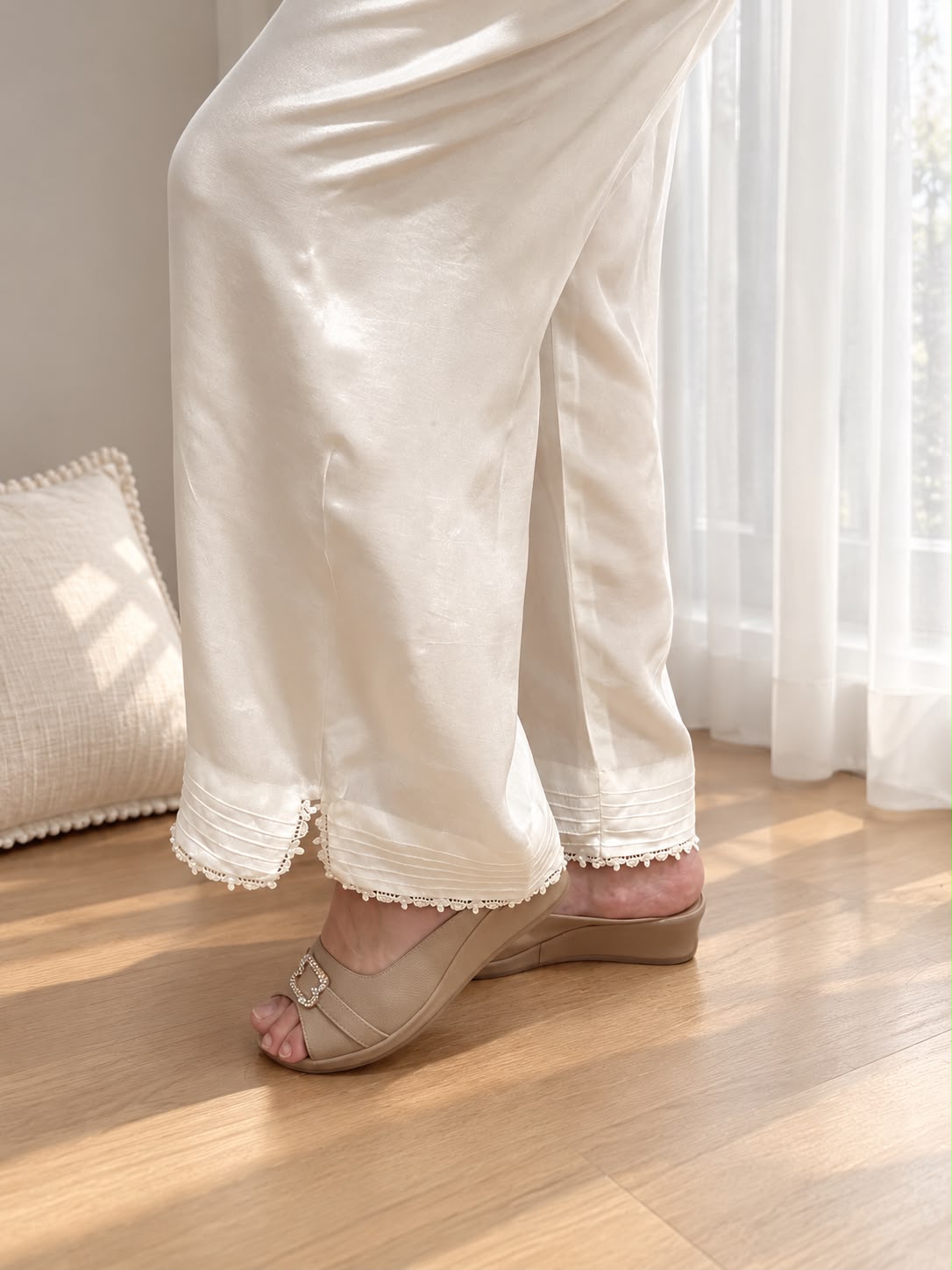 SPRINGS Silky Notes Silk Trouser — off-white silk, side hem view